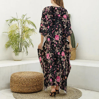 Pink Floral Flower Pattern Print Silk V-Neck Kaftan Dress