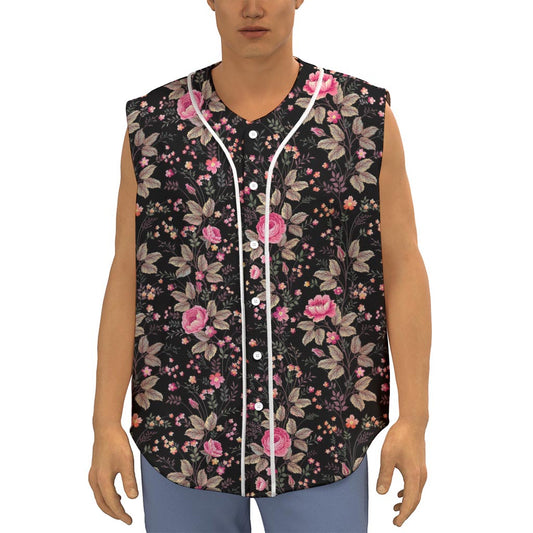 Pink Floral Flower Pattern Print Sleeveless Baseball Jersey