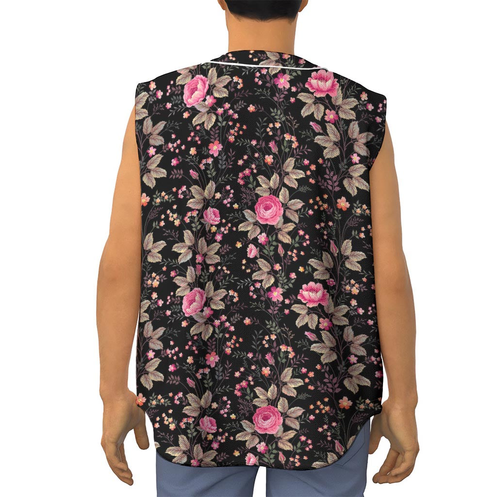 Pink Floral Flower Pattern Print Sleeveless Baseball Jersey