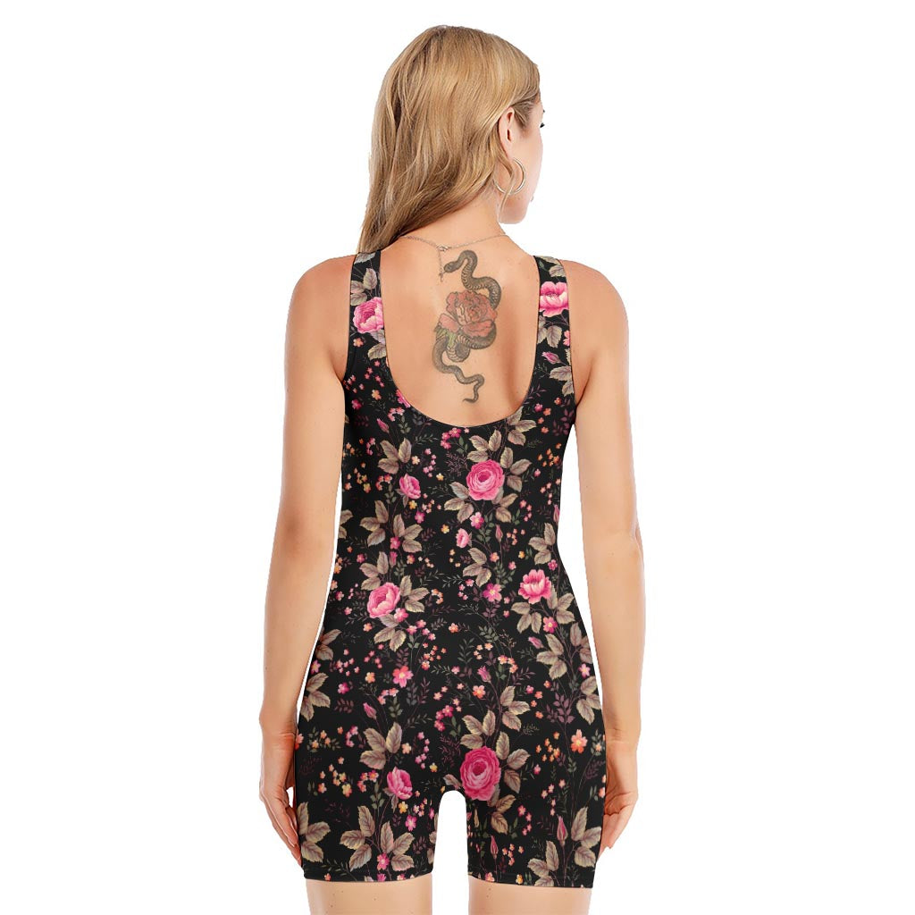 Pink Floral Flower Pattern Print Sleeveless One Piece Swimsuit