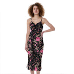 Pink Floral Flower Pattern Print Slim Fit Midi Cami Dress