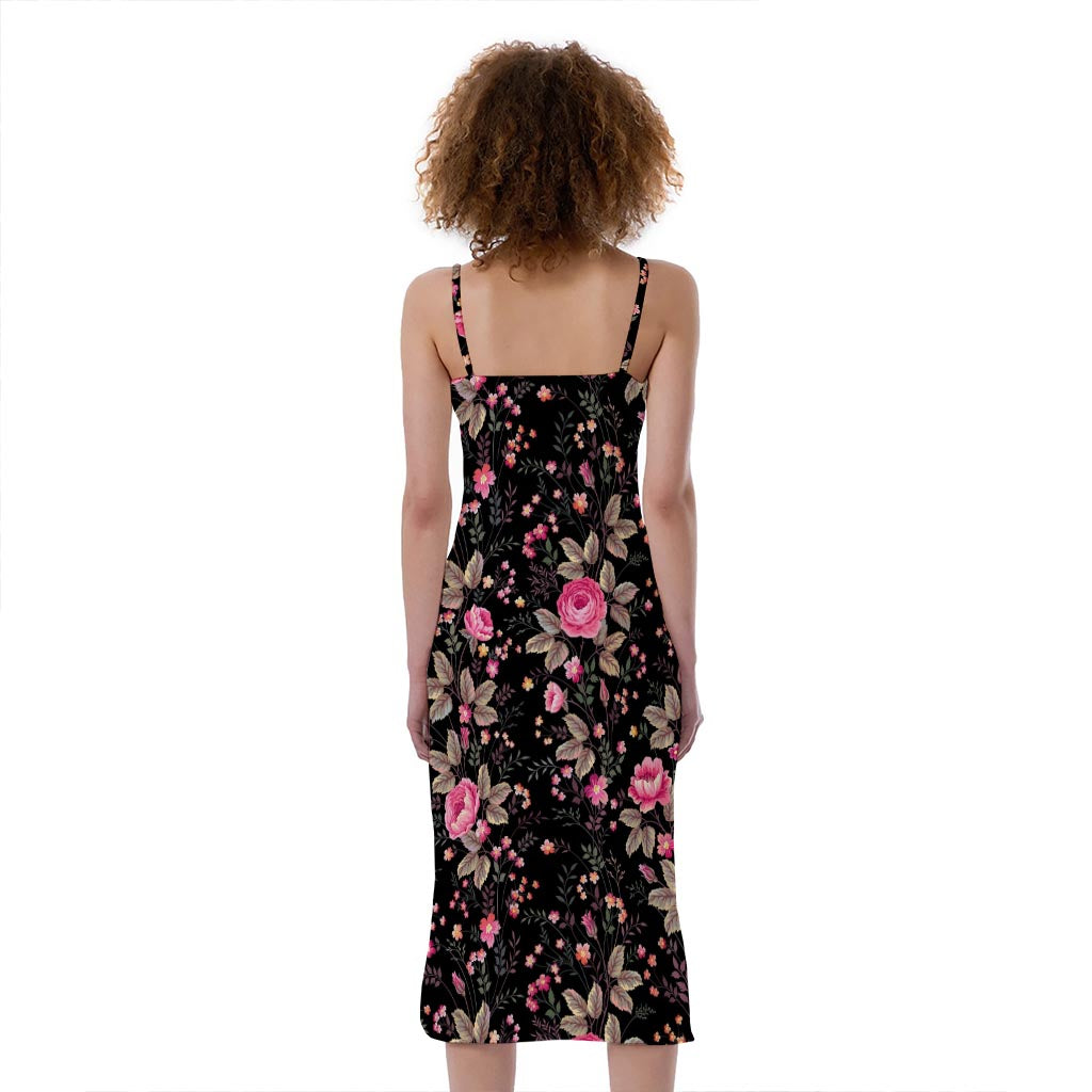 Pink Floral Flower Pattern Print Slim Fit Midi Cami Dress