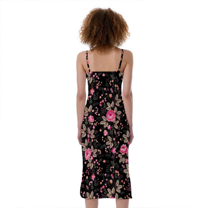 Pink Floral Flower Pattern Print Slim Fit Midi Cami Dress