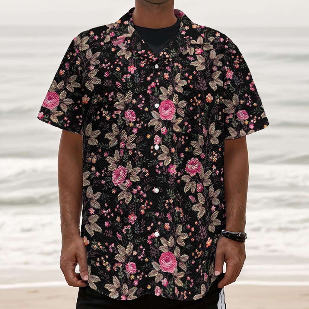 Pink Floral Flower Pattern Print Textured Short Sleeve Shirt