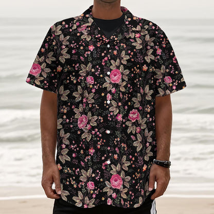 Pink Floral Flower Pattern Print Textured Short Sleeve Shirt