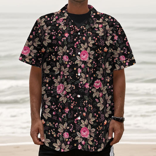 Pink Floral Flower Pattern Print Textured Short Sleeve Shirt