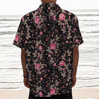 Pink Floral Flower Pattern Print Textured Short Sleeve Shirt