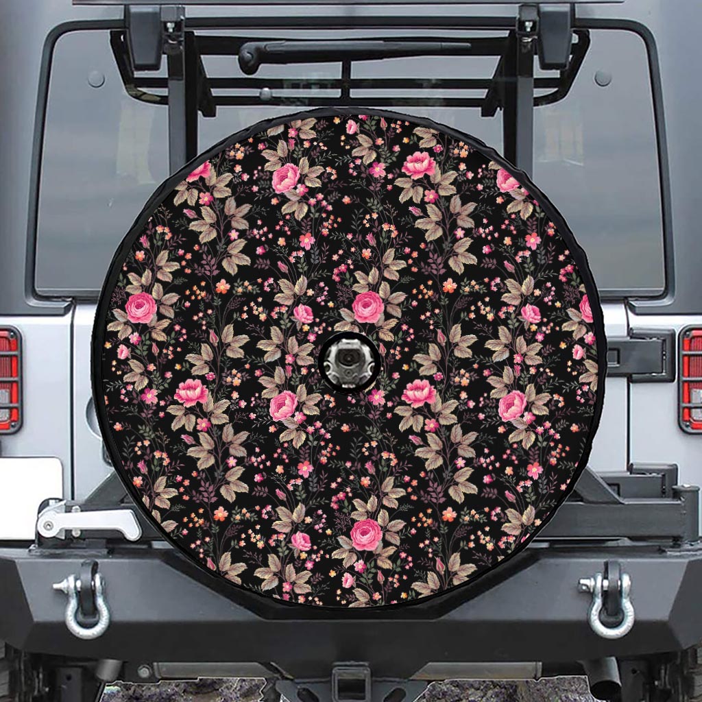 Pink Floral Flower Pattern Print Tire Cover With Camera Hole