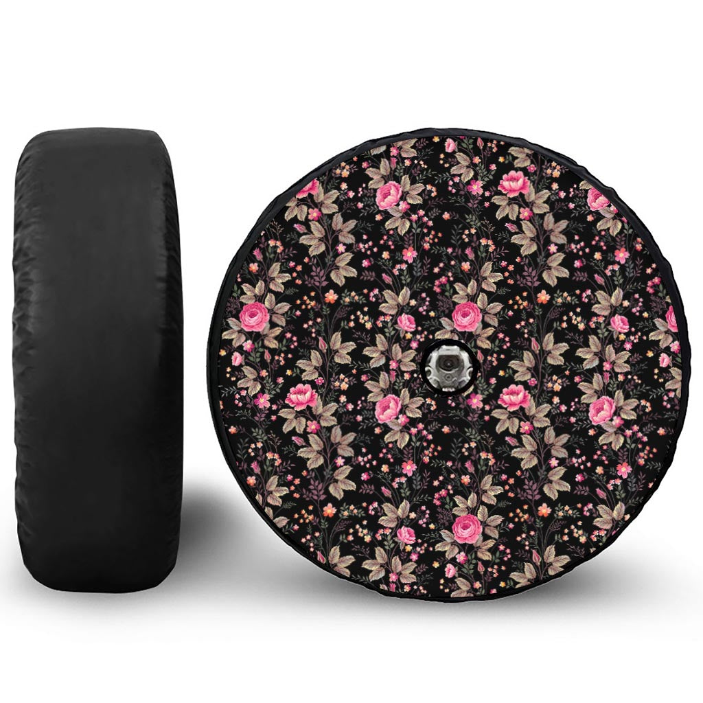 Pink Floral Flower Pattern Print Tire Cover With Camera Hole