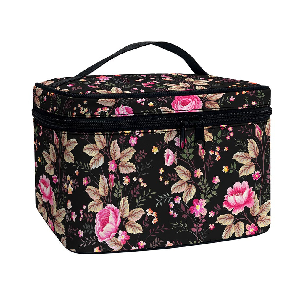 Pink Floral Flower Pattern Print Travel Makeup Bag
