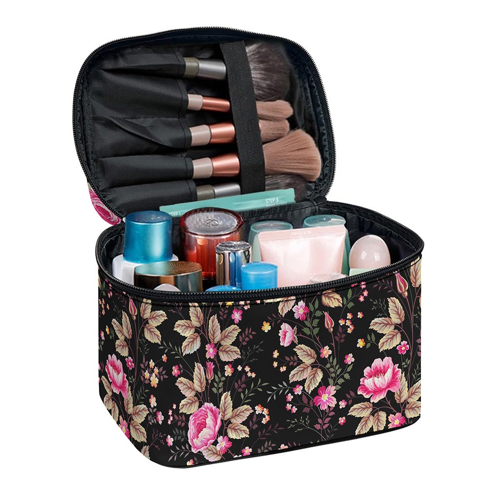 Pink Floral Flower Pattern Print Travel Makeup Bag