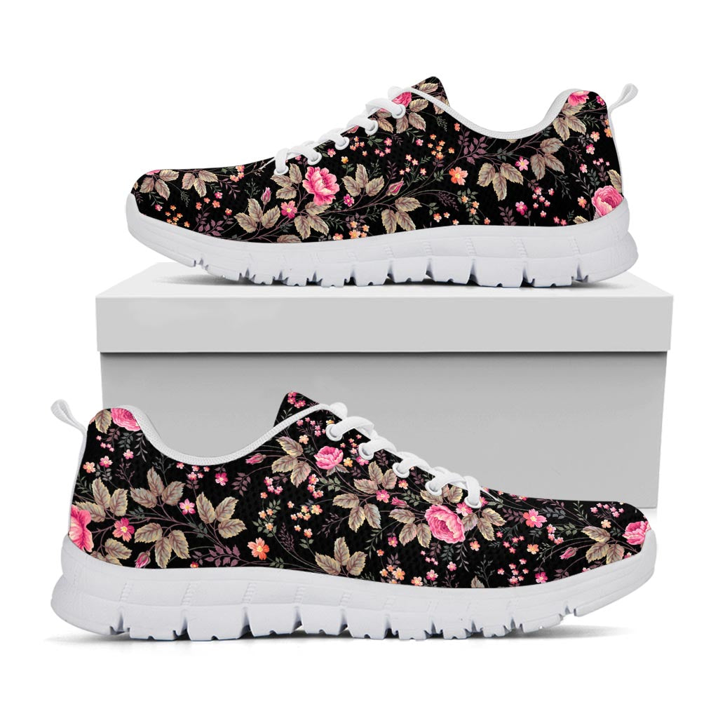 Pink Floral Flower Pattern Print White Running Shoes