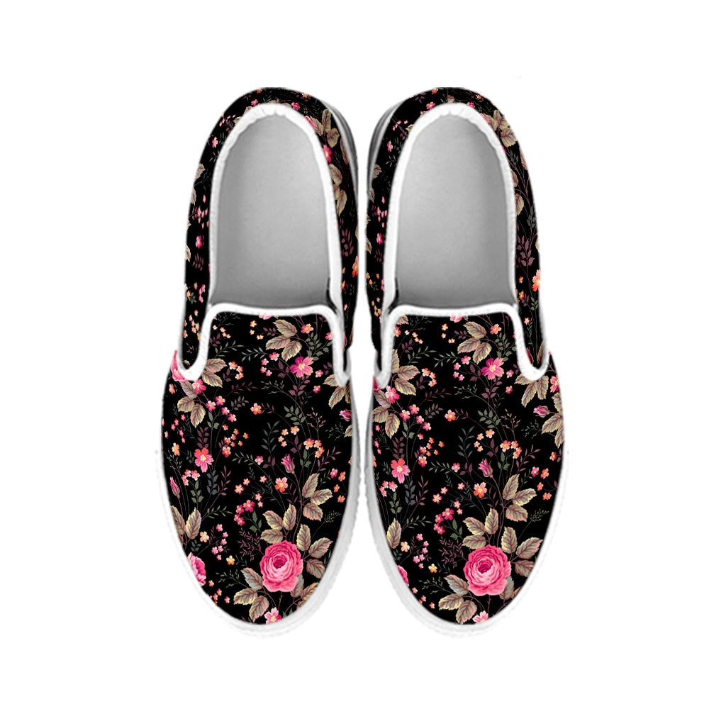 Pink Floral Flower Pattern Print White Slip On Sneakers