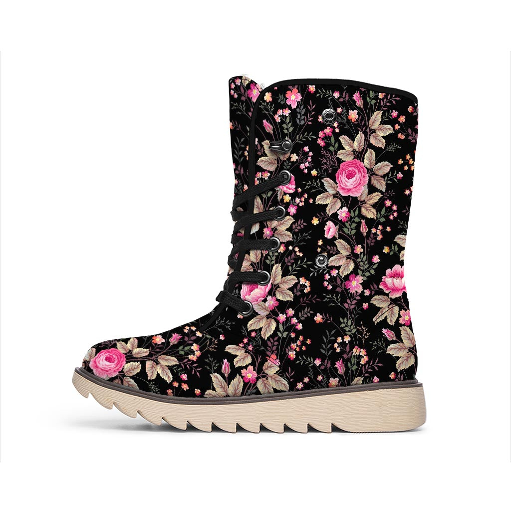 Pink Floral Flower Pattern Print Winter Boots