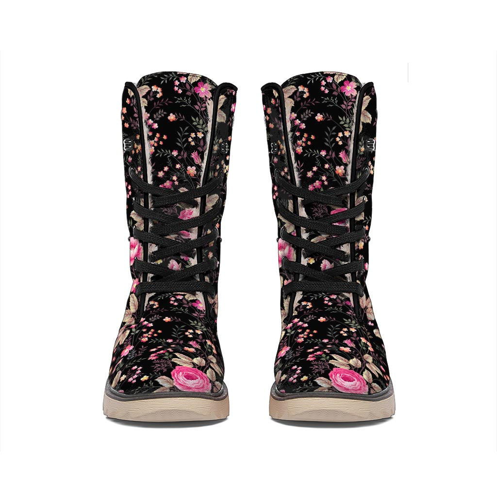 Pink Floral Flower Pattern Print Winter Boots