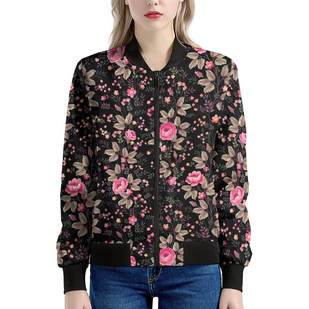 Pink Floral Flower Pattern Print Women's Bomber Jacket