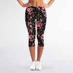 Pink Floral Flower Pattern Print Women's Capri Leggings