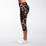 Pink Floral Flower Pattern Print Women's Capri Leggings