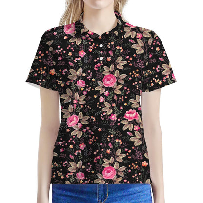 Pink Floral Flower Pattern Print Women's Polo Shirt