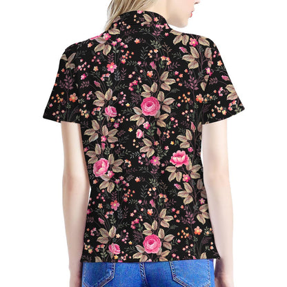 Pink Floral Flower Pattern Print Women's Polo Shirt