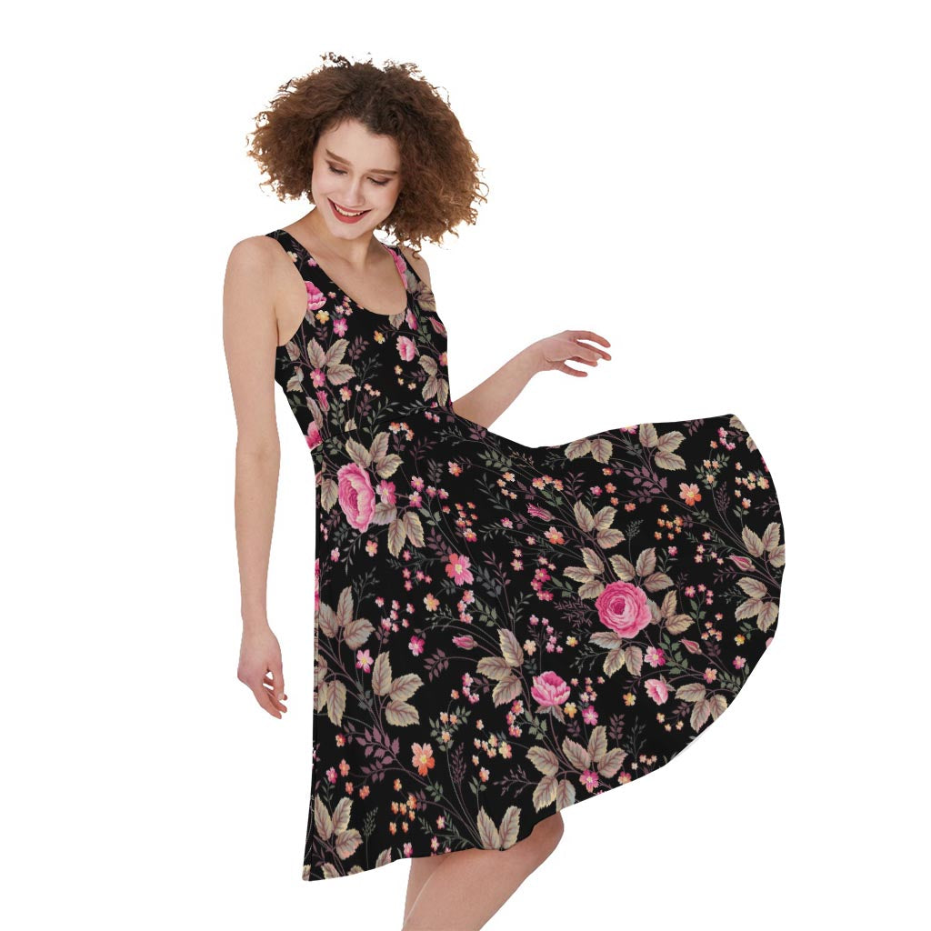 Pink Floral Flower Pattern Print Women's Sleeveless Dress