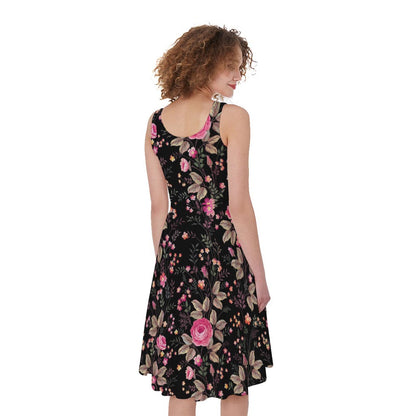 Pink Floral Flower Pattern Print Women's Sleeveless Dress