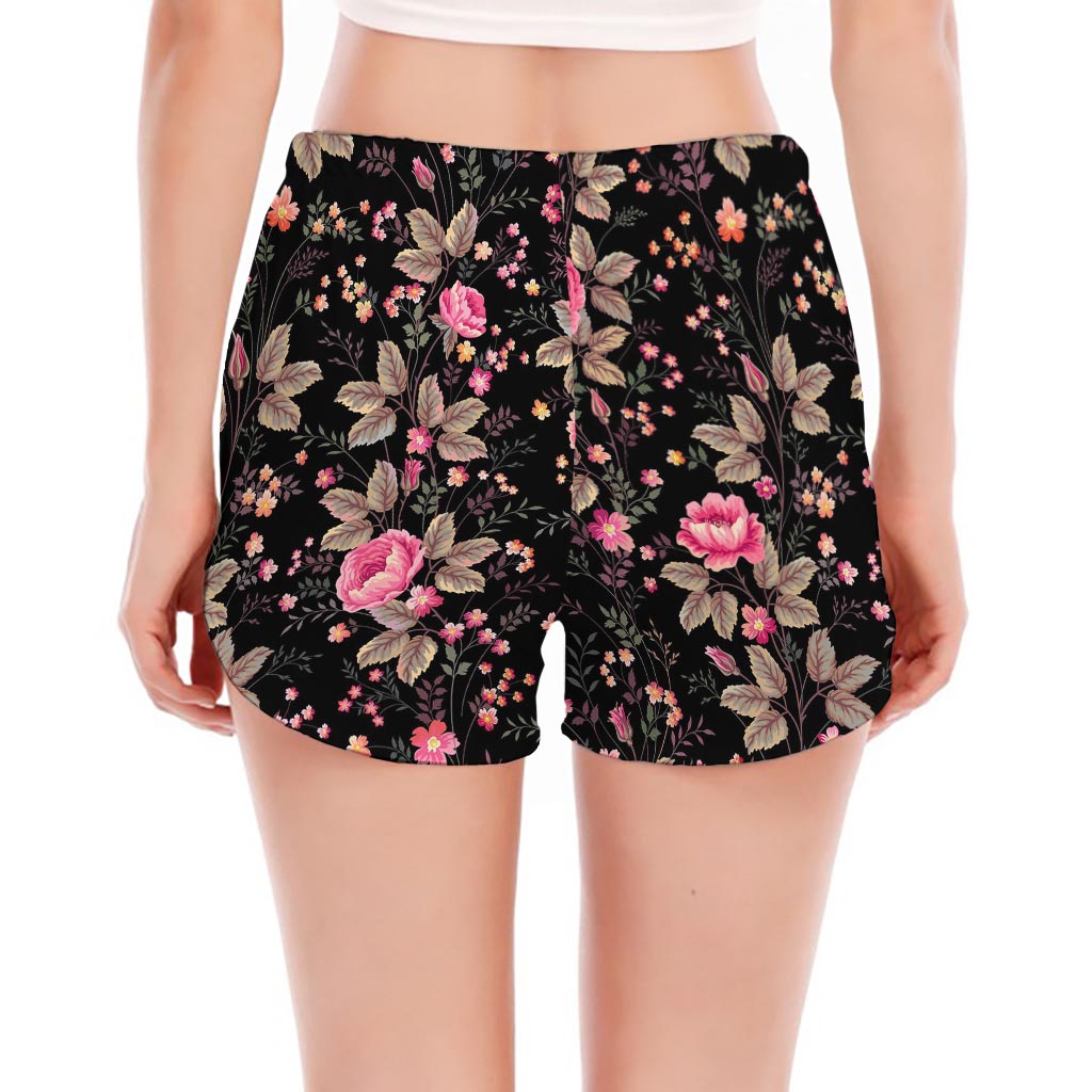 Pink Floral Flower Pattern Print Women's Split Running Shorts