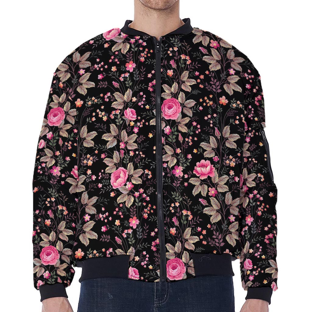 Pink Floral Flower Pattern Print Zip Sleeve Bomber Jacket
