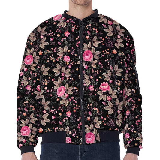 Pink Floral Flower Pattern Print Zip Sleeve Bomber Jacket
