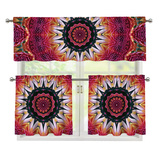 Pink Flower Kaleidoscope Print 3 Piece Kitchen Curtains