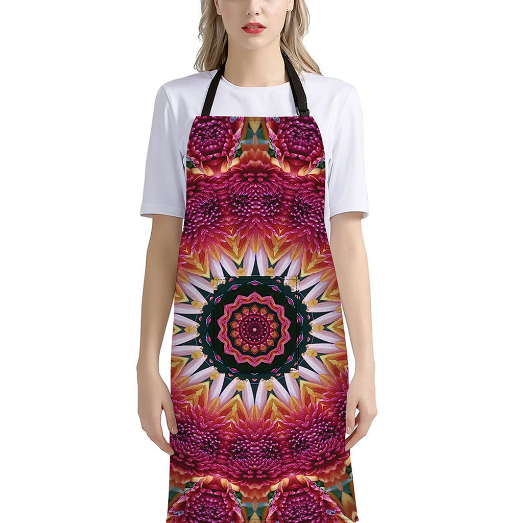 Pink Flower Kaleidoscope Print Bib Apron With Pocket