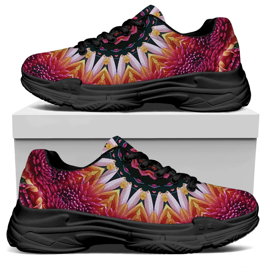 Pink Flower Kaleidoscope Print Black Chunky Shoes