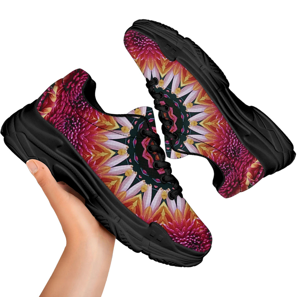 Pink Flower Kaleidoscope Print Black Chunky Shoes