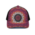 Pink Flower Kaleidoscope Print Black Mesh Trucker Hat