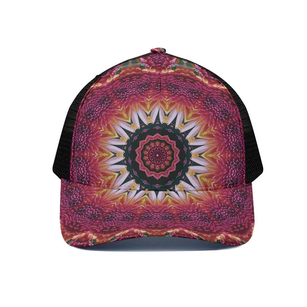 Pink Flower Kaleidoscope Print Black Mesh Trucker Cap