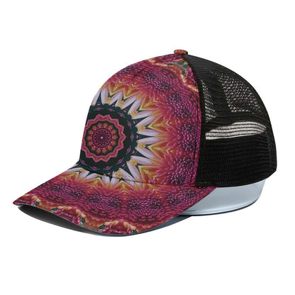 Pink Flower Kaleidoscope Print Black Mesh Trucker Cap