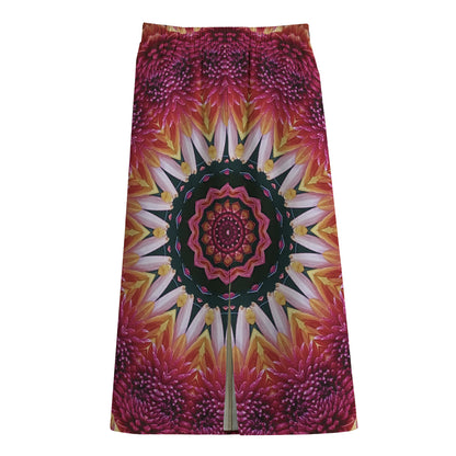 Pink Flower Kaleidoscope Print Cotton Front Slit Maxi Skirt
