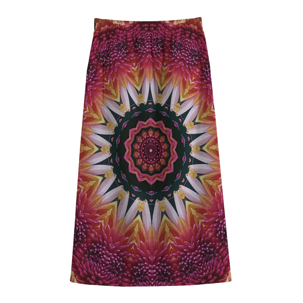 Pink Flower Kaleidoscope Print Cotton Front Slit Maxi Skirt