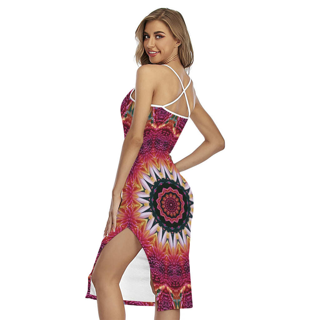 Pink Flower Kaleidoscope Print Cross Back Cami Dress