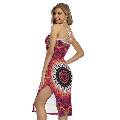 Pink Flower Kaleidoscope Print Cross Back Cami Dress