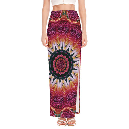 Pink Flower Kaleidoscope Print High Slit Maxi Skirt