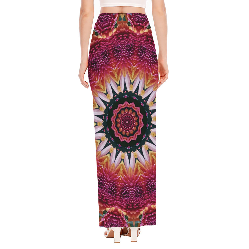 Pink Flower Kaleidoscope Print High Slit Maxi Skirt