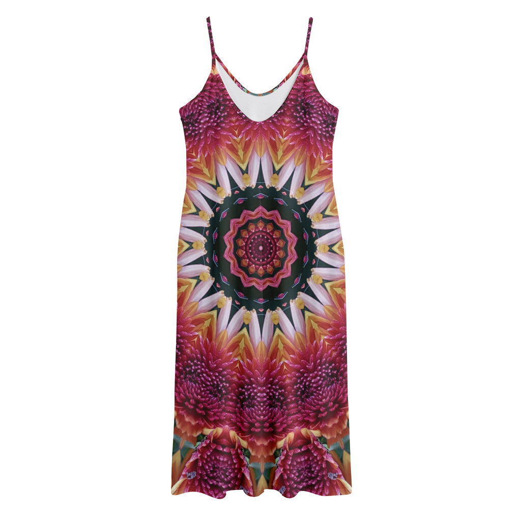 Pink Flower Kaleidoscope Print Jersey Midi Cami Dress
