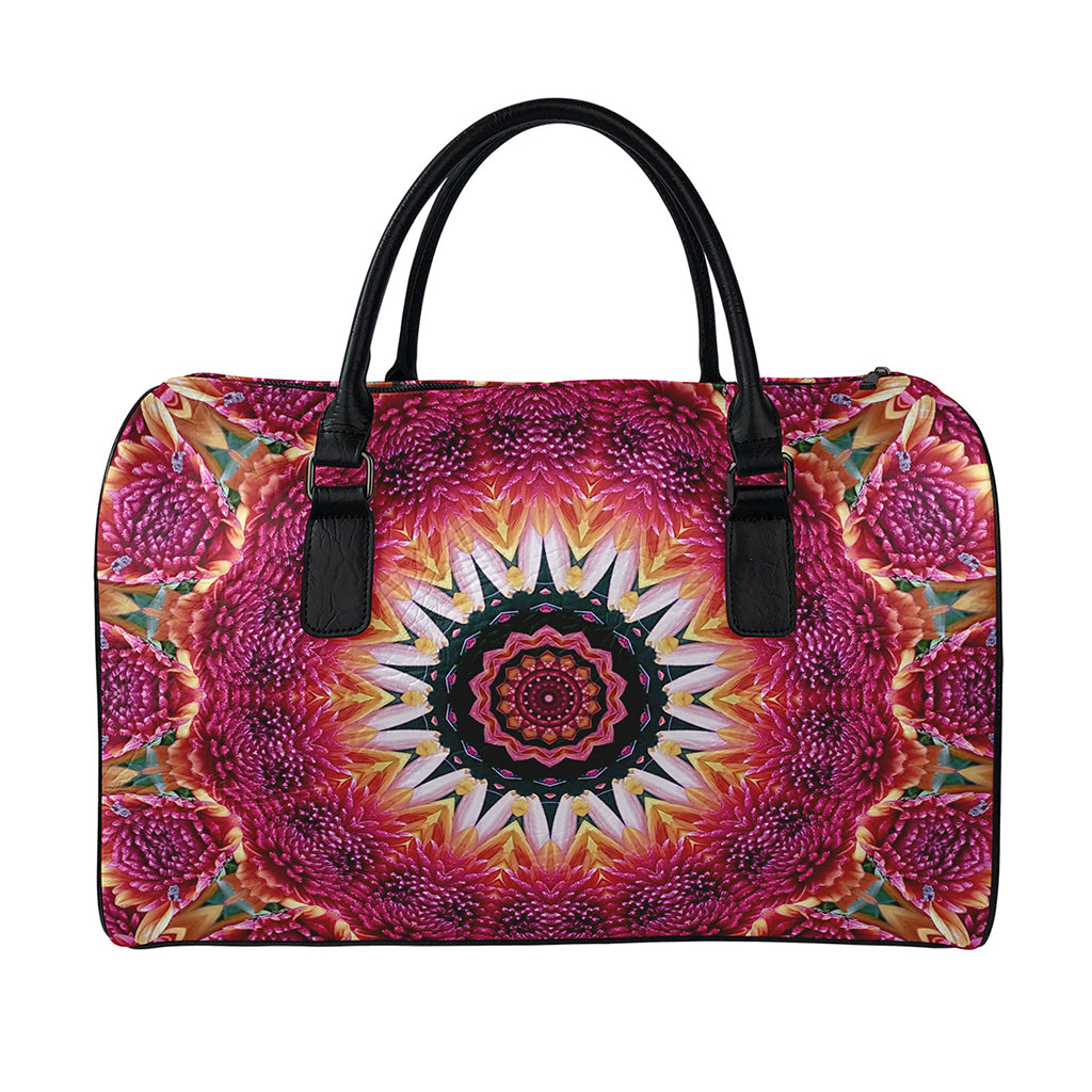 Pink Flower Kaleidoscope Print Leather Duffle Bag