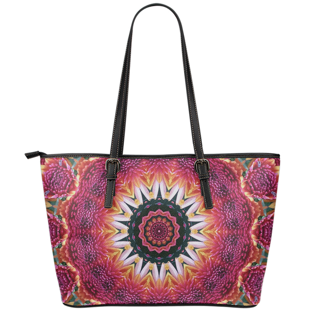 Pink Flower Kaleidoscope Print Leather Tote Bag