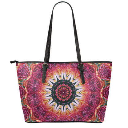 Pink Flower Kaleidoscope Print Leather Tote Bag