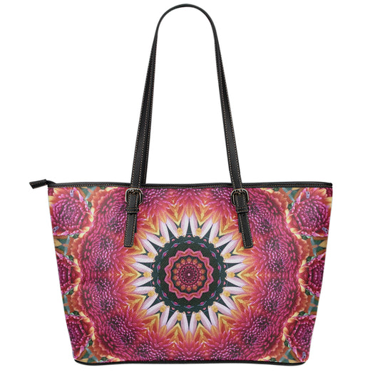 Pink Flower Kaleidoscope Print Leather Tote Bag
