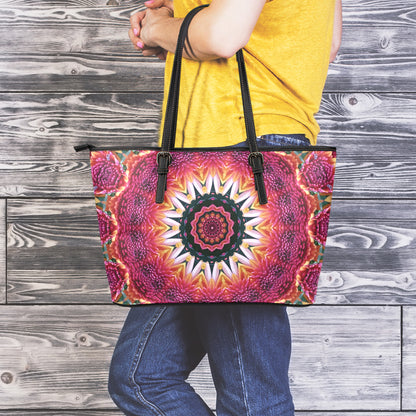 Pink Flower Kaleidoscope Print Leather Tote Bag