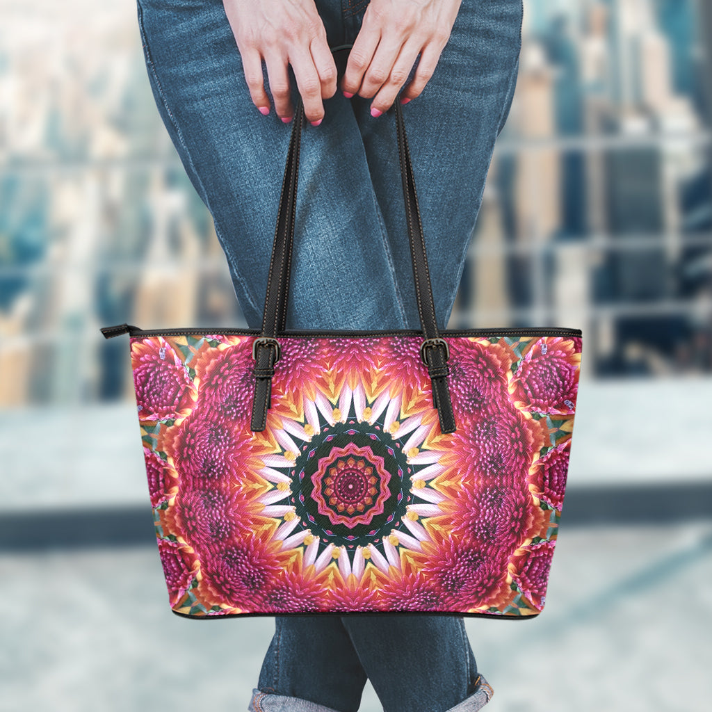 Pink Flower Kaleidoscope Print Leather Tote Bag