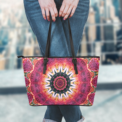 Pink Flower Kaleidoscope Print Leather Tote Bag